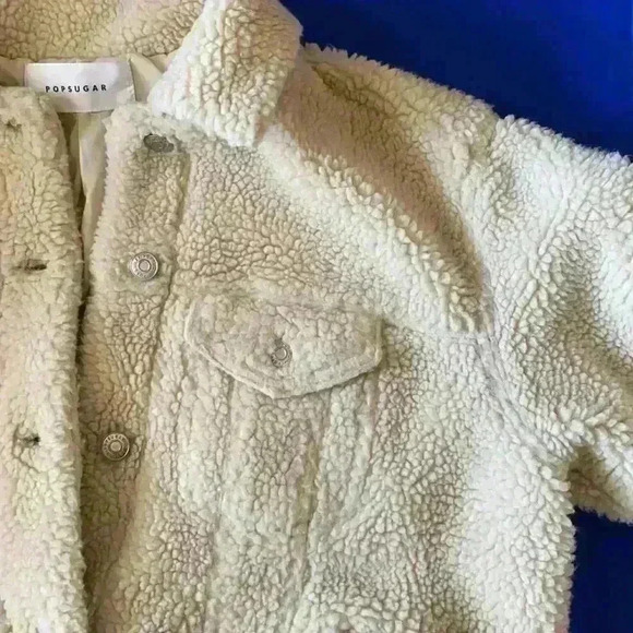 Popsugar Sherpa trucker jacket coat size Large tan beige - Picture 4 of 10